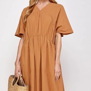 🔥A MENTE Drop Sleeve Front Shirred Mid Dress, Clay🔥